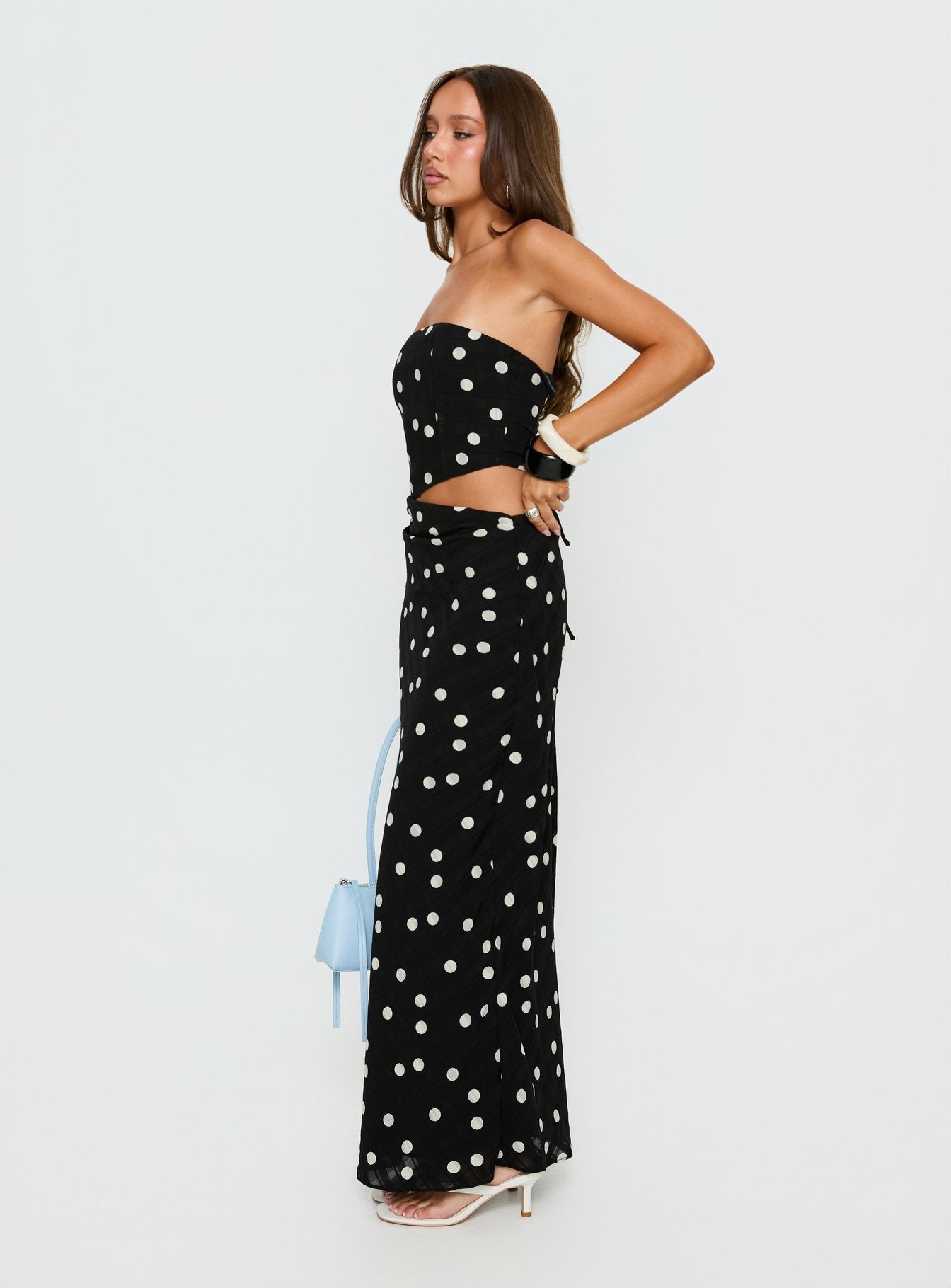 Jasira Strapless Drape Maxi Dress Black Polka Dot