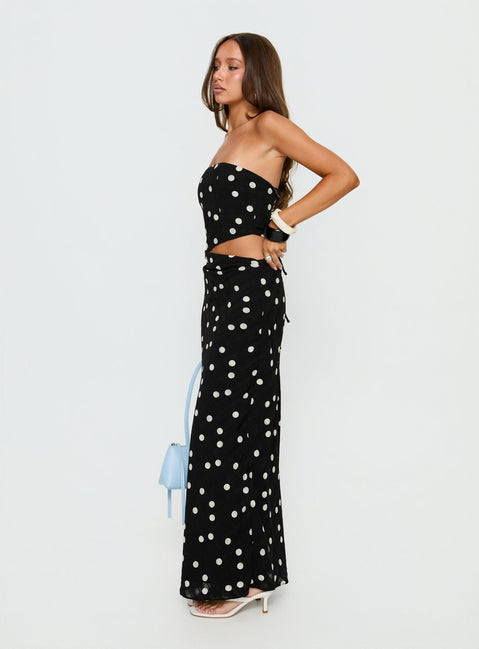 Jasira Strapless Drape Maxi Dress Black Polka Dot