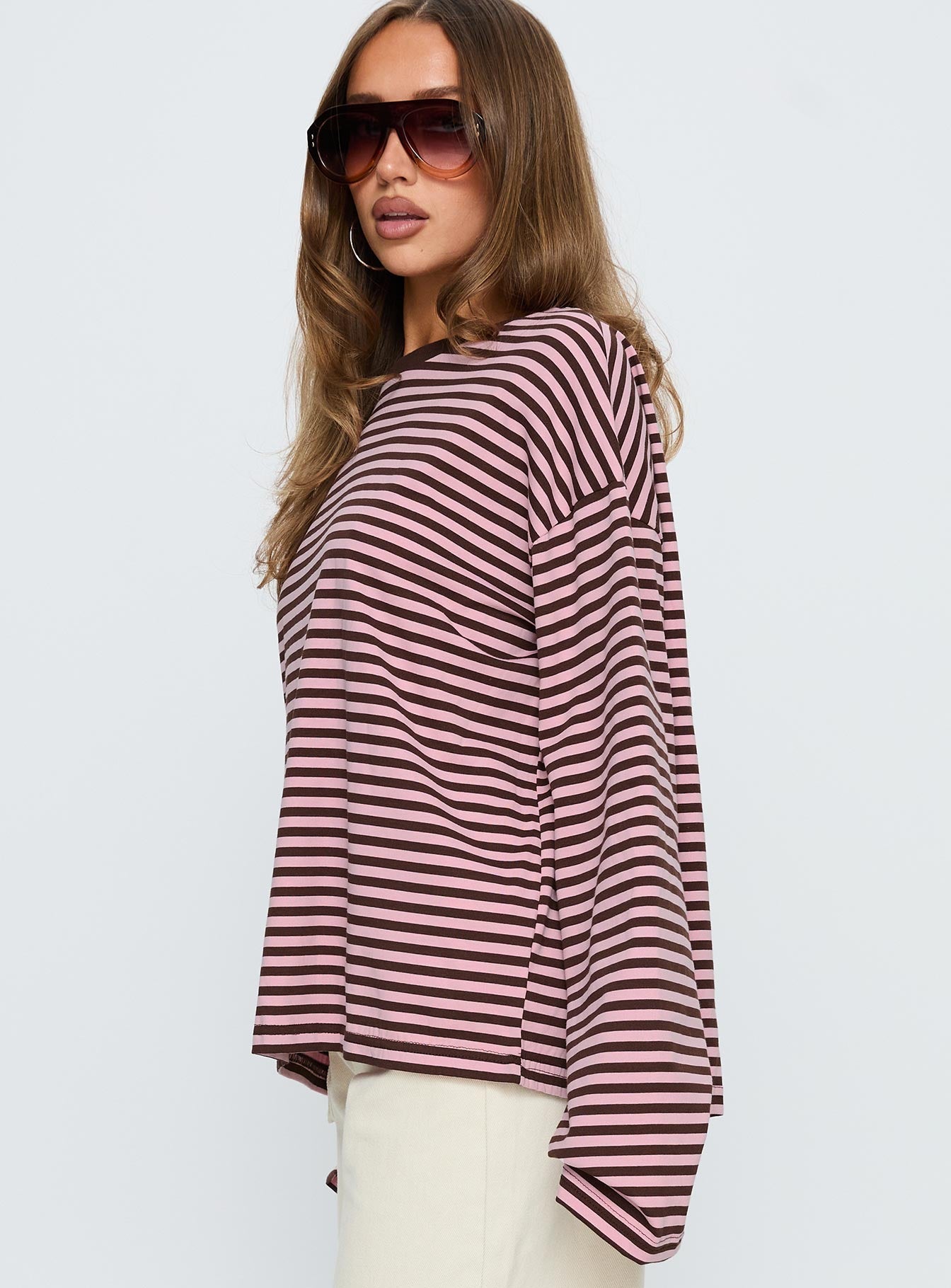 Settle Down Long Sleeve Top Pink / Brown Stripe