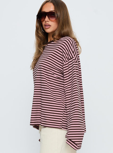 Settle Down Long Sleeve Top Pink / Brown Stripe