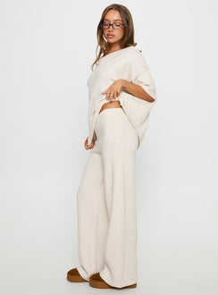 side view of model wearing Princess Polly Bekki Wide Leg Knit Pant Oat High Rise Pants 
