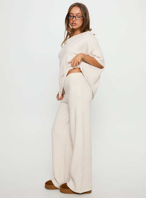 side view of model wearing Princess Polly Bekki Wide Leg Knit Pant Oat High Rise Pants 