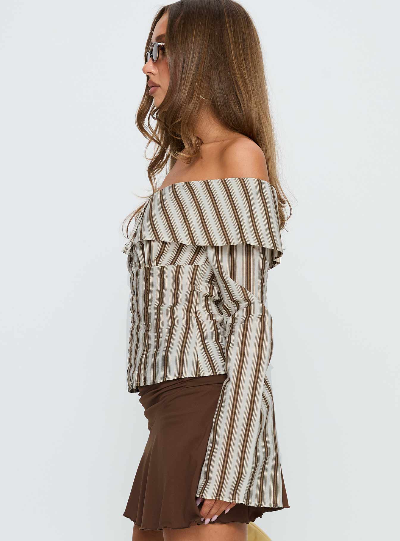 Knockout Off Shoulder Top Brown Stripe