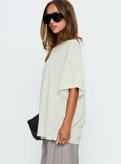 Winny Off Shoulder Tee Grey Marle / Lemon Stripe