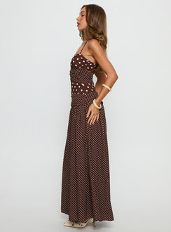 Marguerite Halter Maxi Dress Brown Polka Dot