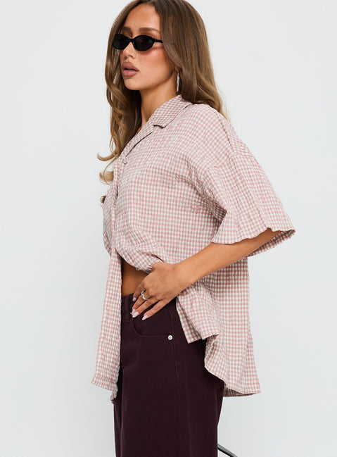 Soft Side Oversized Button Up Top Pink Check