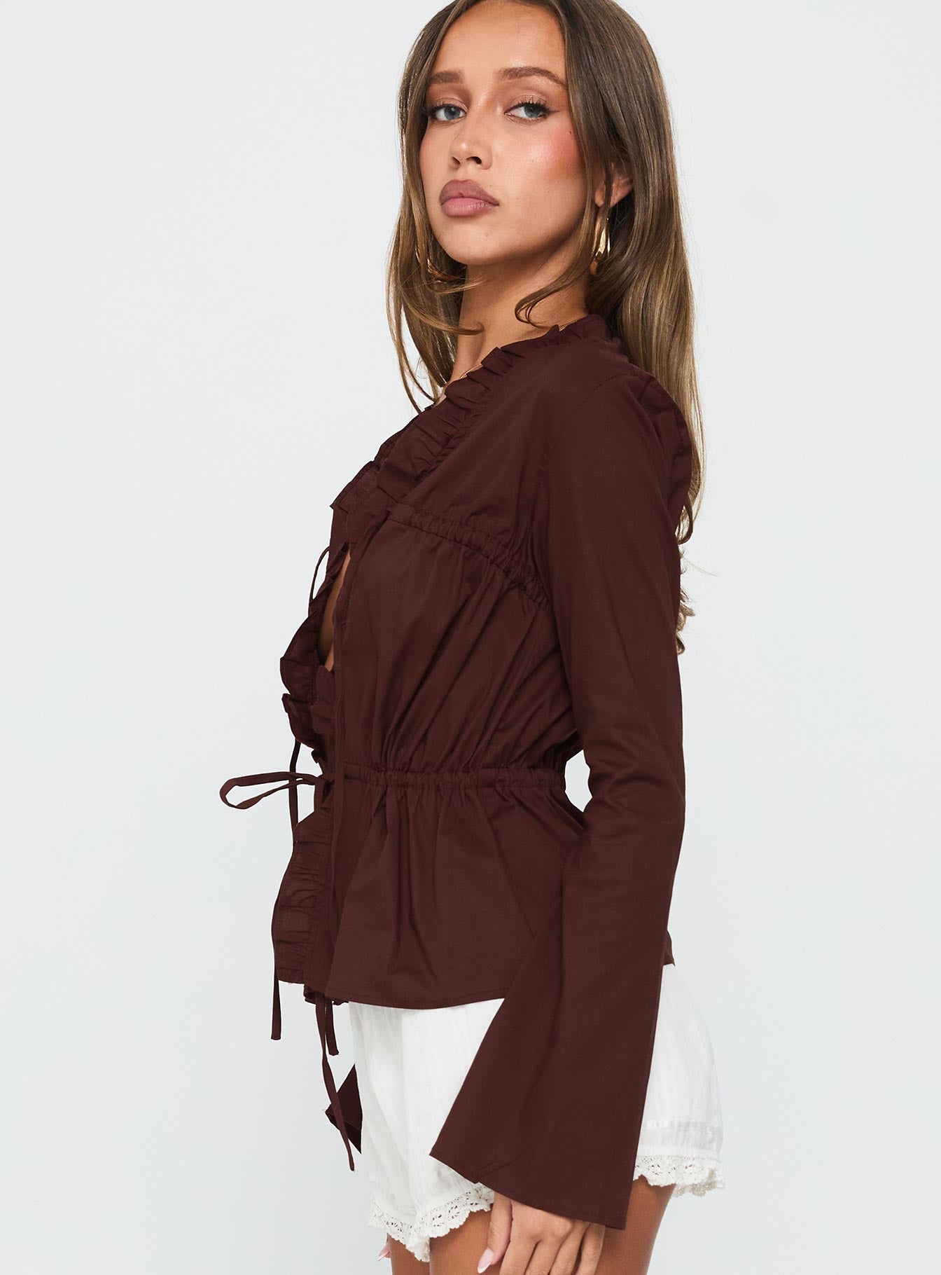 Harloe Ruched Tie Up Long Sleeve Top Chocolate