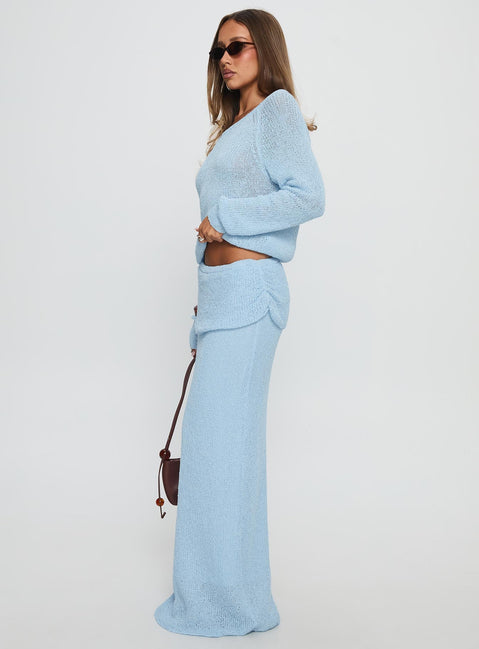   side view of model wearing Princess Polly Tessira Boucle Maxi Skirt Blue Maxi 