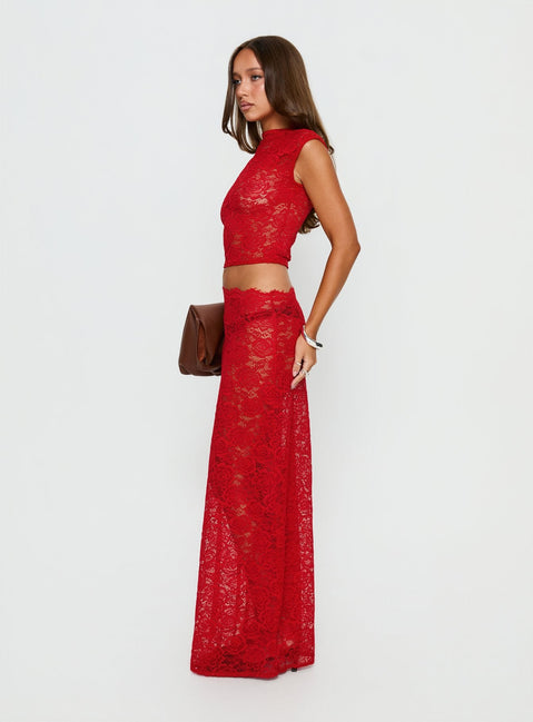  side view of model wearing Princess Polly Vionna Lace Maxi Skirt Red Maxi Skirts 
