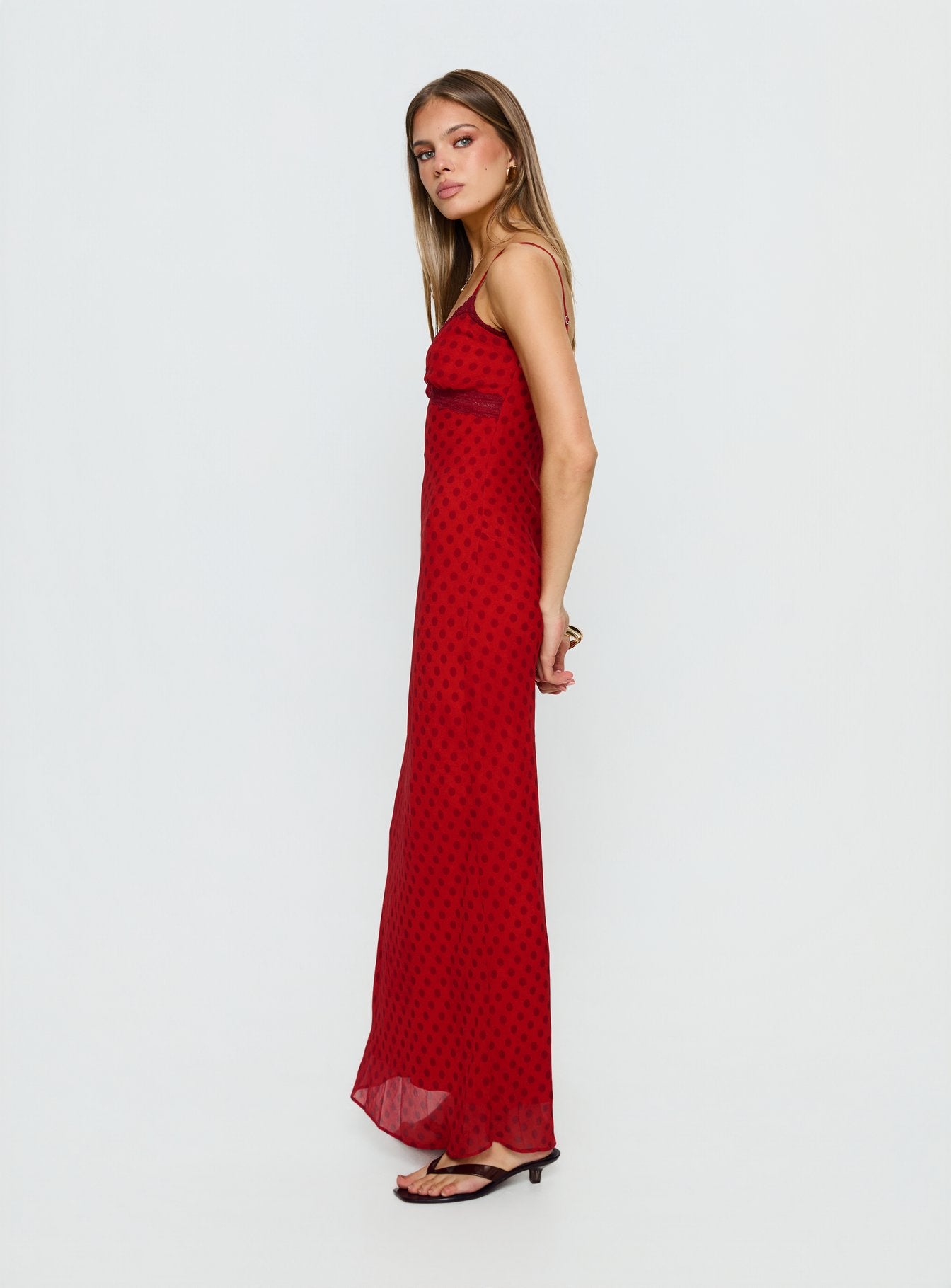 Adasia Lace V Neck Maxi Dress Red Polka Dot