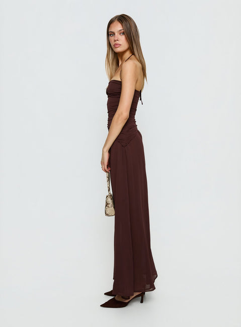 Kaemila Halter Chiffon Maxi Dress Brown