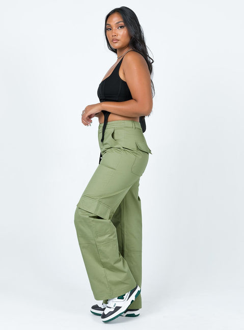 side view of model wearing Princess Polly Luna Mid Rise Cargo Pants Green 