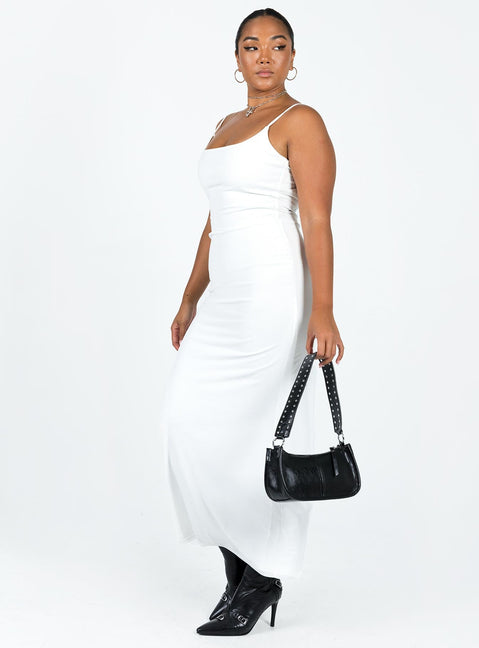 White maxi dress Mesh material Adjustable shoulder straps Low back Good stretch Fully lined