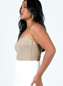 side view of model wearing Princess Polly Aston Strapless Bodysuit Beige Sleeveless Sweetheart 