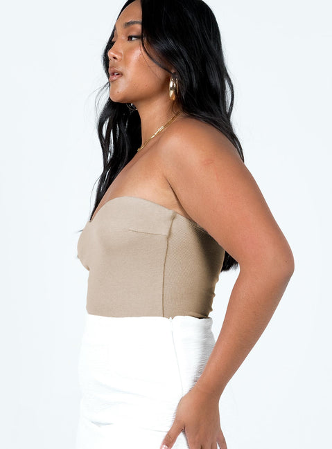 side view of model wearing Princess Polly Aston Strapless Bodysuit Beige Sleeveless Sweetheart 