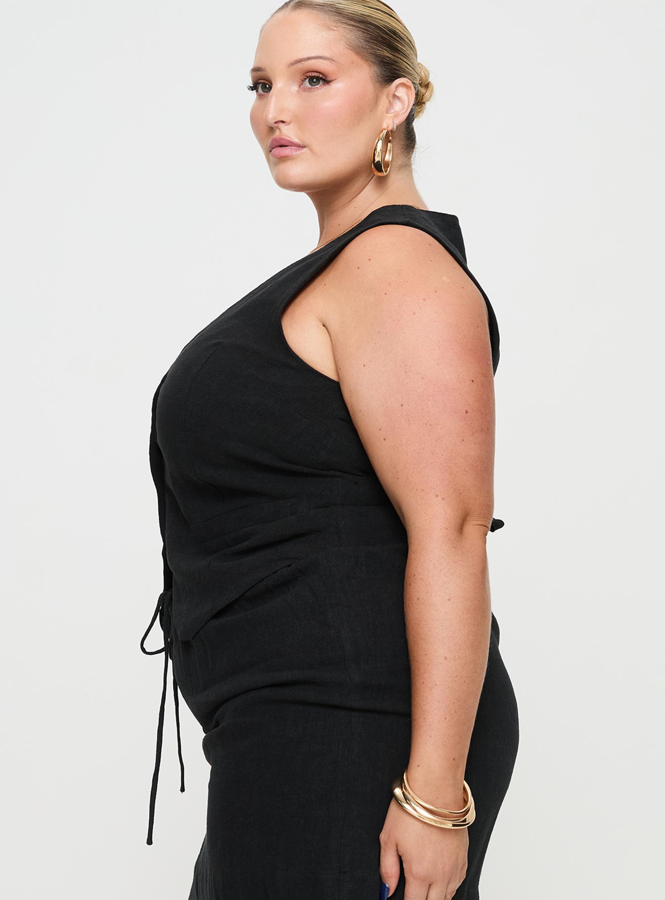 Black Linen vest top V-neckline, button closure, tie detail at back