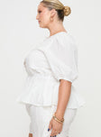 White Peplum top Puff sleeve, twin tie fastening at front, elasticated band at waist