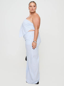 side view of model wearing Princess Polly Collied Low Rise Pants Blue / White Stripe Curve High Waisted Pants 