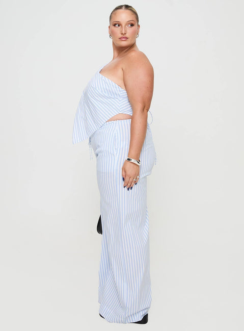 side view of model wearing Princess Polly Collied Low Rise Pants Blue / White Stripe Curve High Waisted Pants 