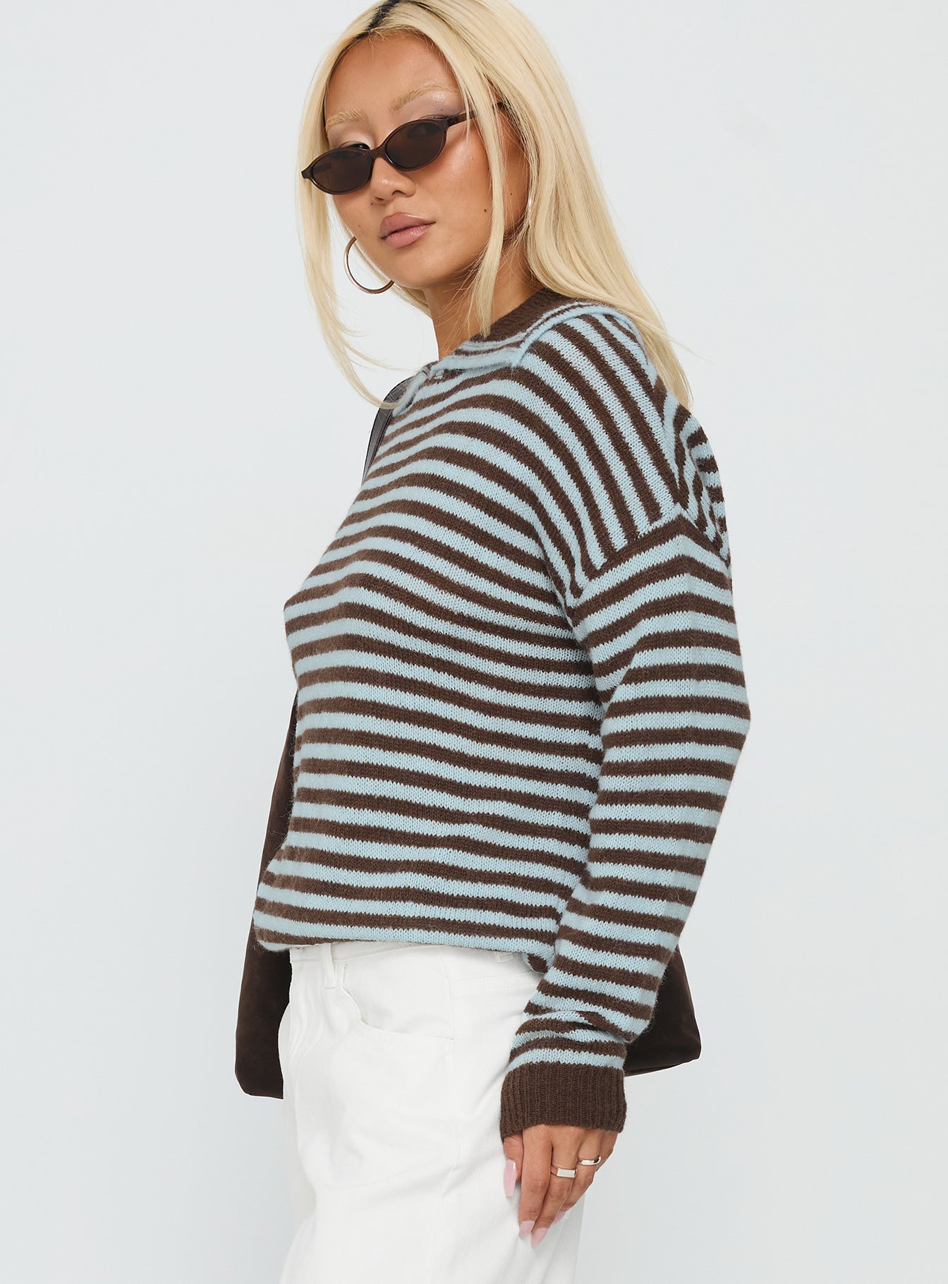 side view of model wearing Princess Polly Moon Went Dark Collared Knit Sweater Stripe 
