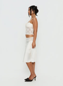 Evlin Lace Detail Satin Midi Skirt Cream