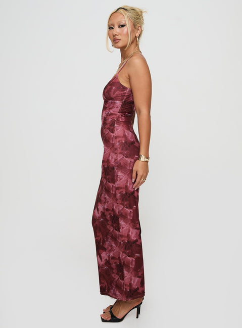 side view of model wearing Princess Polly Hathaway Maxi Dress Burgundy Floral V-Neck 