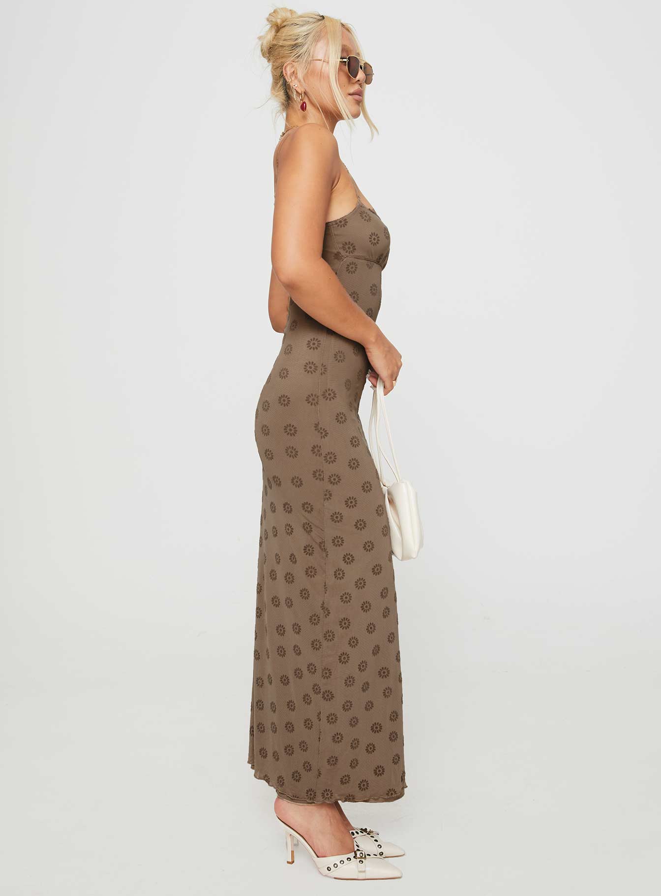 side view of model wearing Princess Polly Darsih Maxi Dress Light Brown Square Neck 