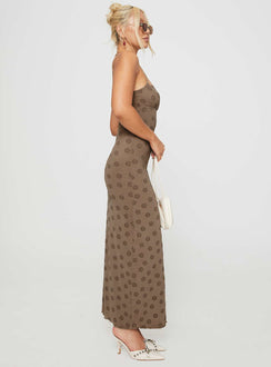 side view of model wearing Princess Polly Darsih Maxi Dress Light Brown Square Neck 