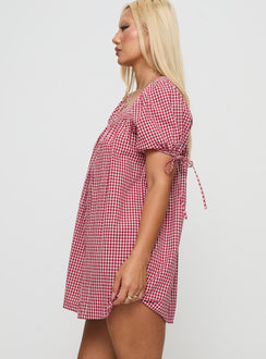 side view of model wearing Princess Polly Lilibet Mini Dress Red Gingham Square Neck 