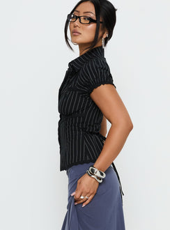 Deserve You Puff Sleeve Button Front Top Black Stripe