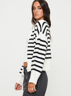 side view of model wearing Princess Polly Karlson Striped Cardigan Cream / Black cropped 