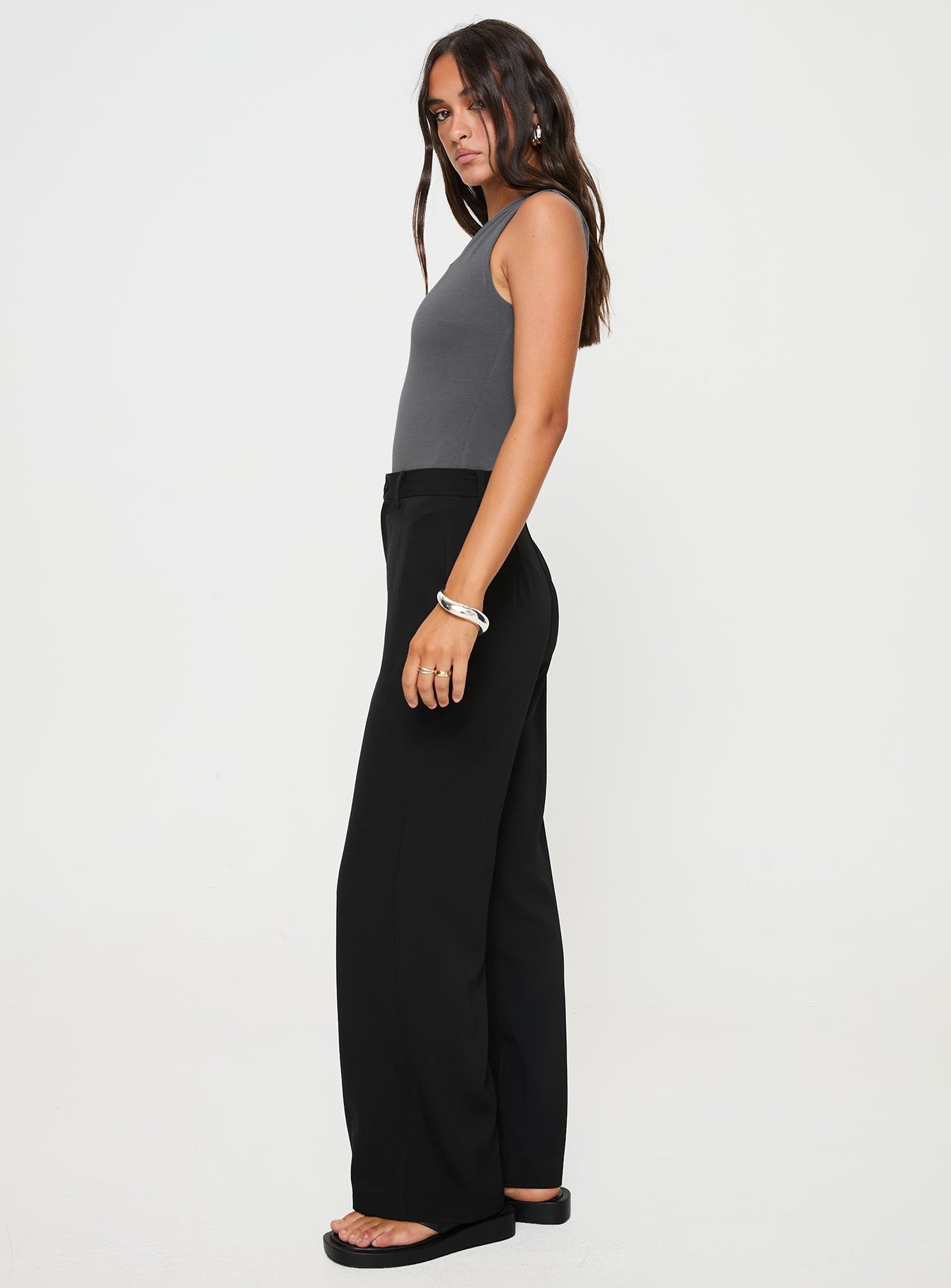 Black Pants High rise fit, wide leg, belt looped waist, zip & button fastening