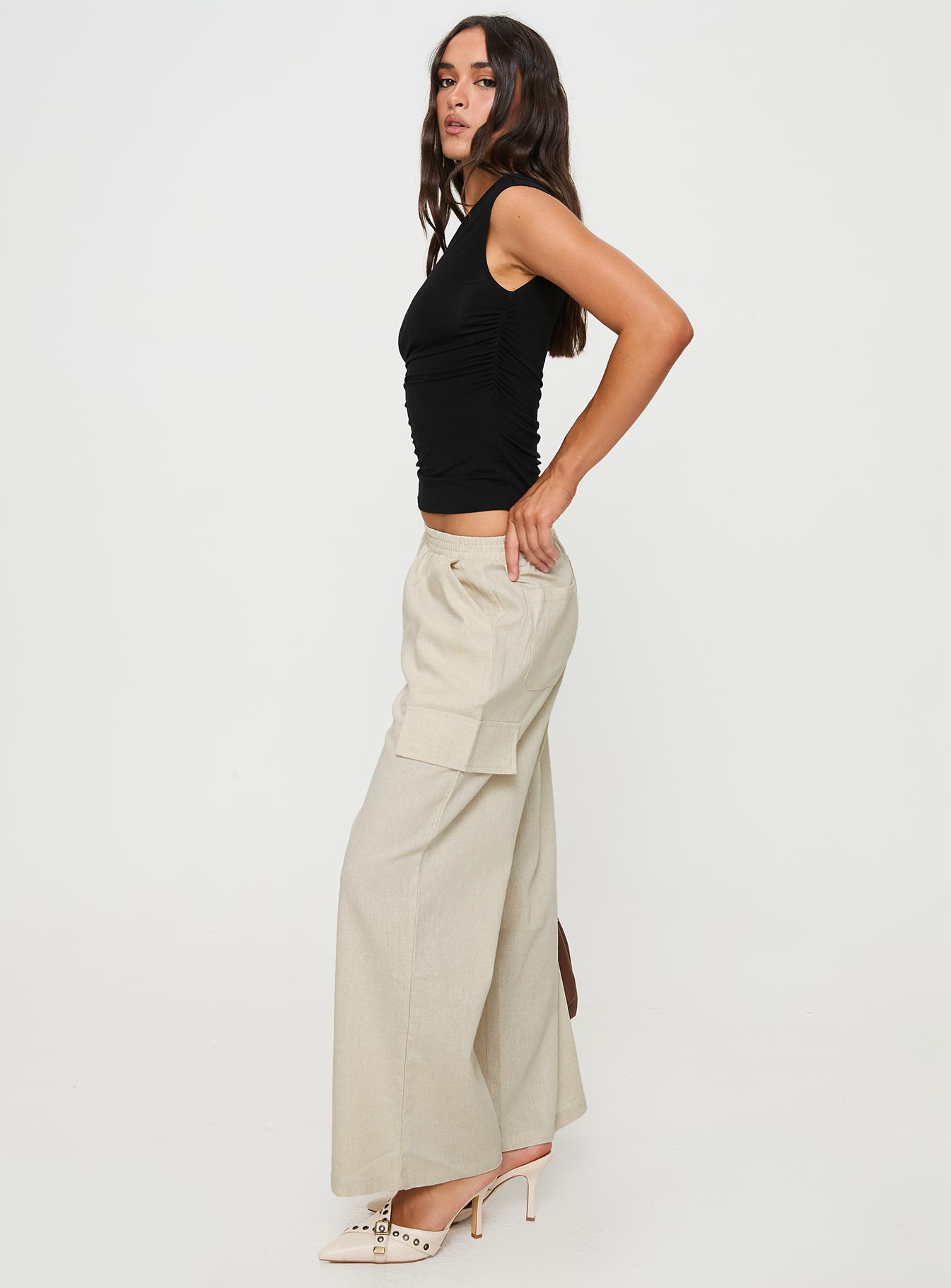 Beige Cargo pants Linen material look, relaxed fit, elasticated waistband, six pocket design