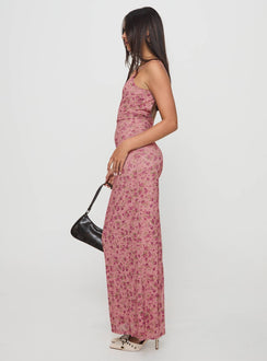 side view of model wearing Princess Polly Kastin Maxi Dress Pink Floral Scoop Neck 