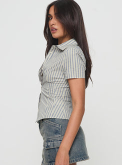 side view of model wearing Princess Polly Peppy Shirt Stripe Short Sleeves V-Neck 