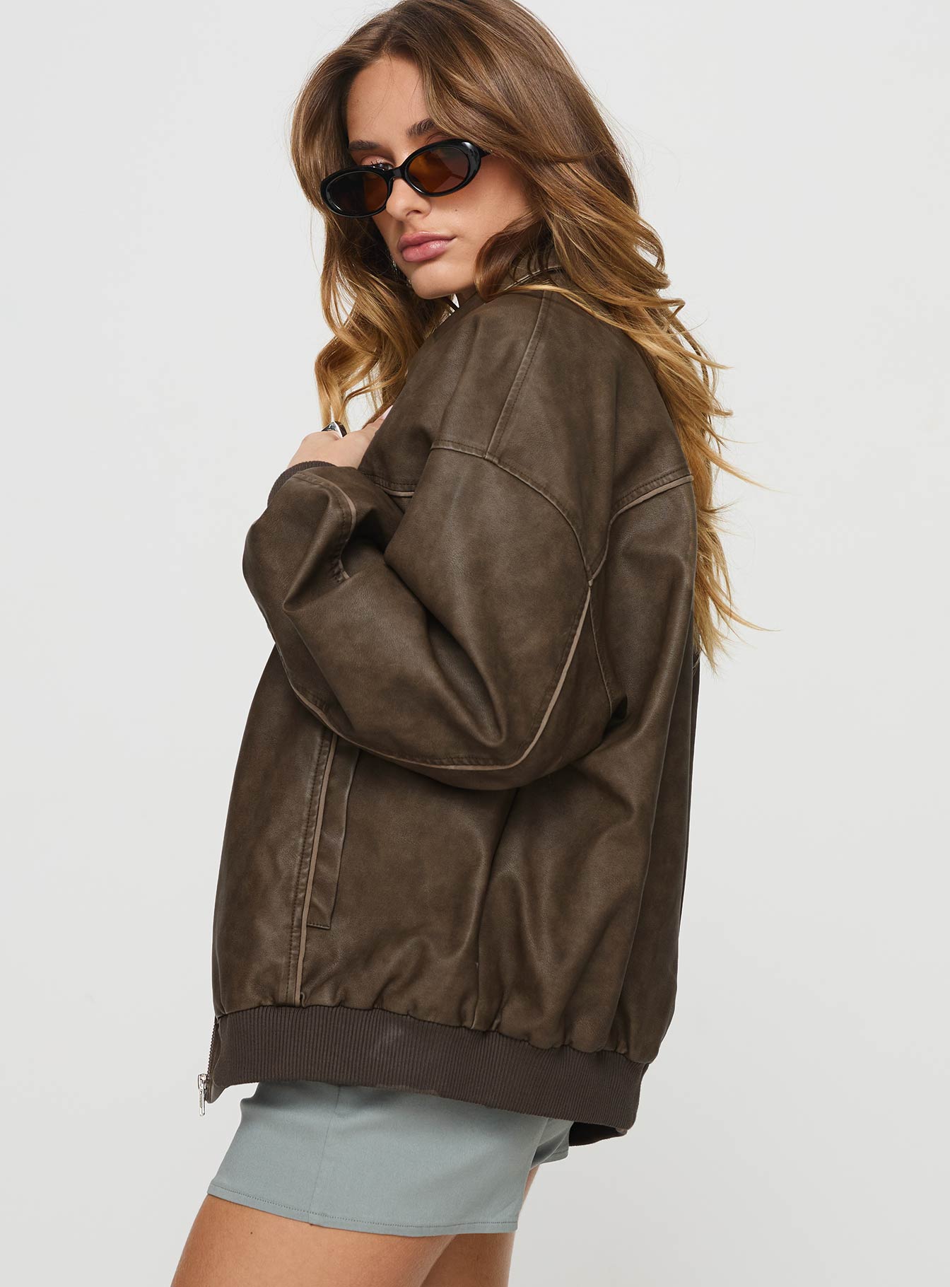 Goldsmith Faux Leather Bomber Jacket Washed Brown Petite