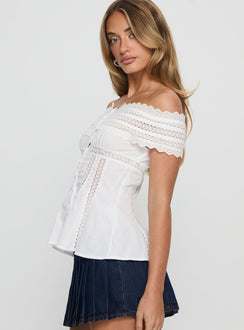 Stately Off Shoulder Lace Trim Top White