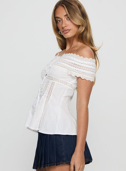Stately Off Shoulder Lace Trim Top White