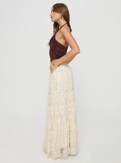   side view of model wearing Princess Polly Oh Plisse Maxi Skirt Cream Maxi 
