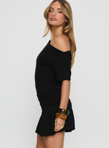 Haylo Off Shoulder Drape Mini Dress Black