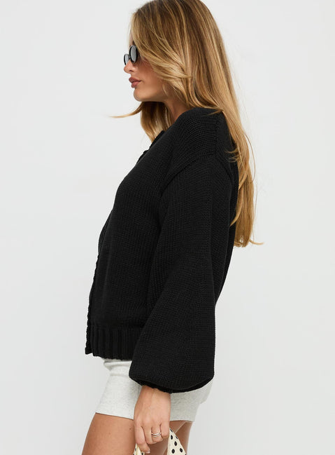 side view of model wearing Princess Polly Edern Cardigan Black Cropped Jumpers Jumpers 