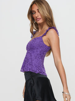 side view of model wearing Princess Polly Madaleine Lace Top Purple Sleeveless Square Neck 
