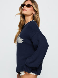 side view of model wearing Princess Polly Swan Lake Love Knit Sweater Navy Longline Jumpers 