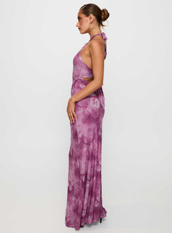 side view of model wearing Princess Polly Nathaleia Halter Maxi Dress Purple Asymmetric Neckline 