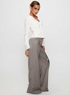 side view of model wearing Princess Polly Just Have Fun Wide Leg Pant Grey Tall High Waisted Pants 