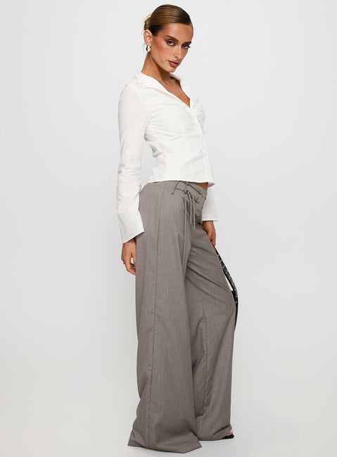 side view of model wearing Princess Polly Just Have Fun Wide Leg Pant Grey Petite High Waisted Pants 