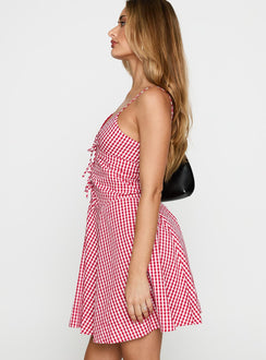 Hold Her Ruched Mini Dress Red Gingham