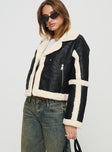 Teddy trim jacket Faux leather, classic collar, drop shoulder, twin hip pockets, button fastening Non-stretch material, shearling lining