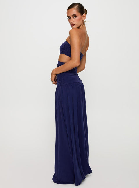 side view of model wearing Princess Polly Grandeur Strapless Maxi Dress Navy Straight Neck 