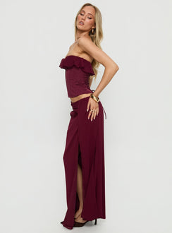   side view of model wearing Princess Polly Hollian Draped Maxi Skirt Wine Maxi Skirts 